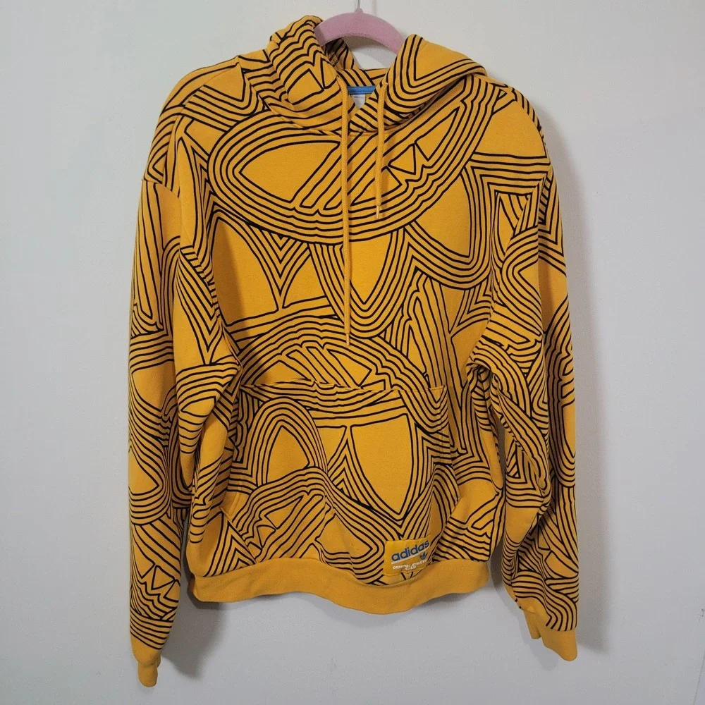 Adidas Large Hoodie Mens Yellow Black Trefoil All Over Print Graphic Pullover